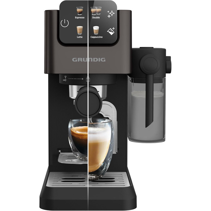GRUNDIG KSM 5330 Espresso Machine with Integrated Milk Container, 1628 W Power, 15 bar Pump Pressure, Dual Nozzle, Color Touch Display, BrewSense, CreamyPro, Dark Inox/Black. With Milk Container