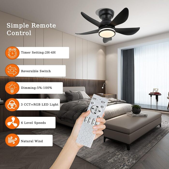 30-дюймовий стельовий вентилятор з підсвічуванням RGB, диммирування, керування пультом та додатком, 6 швидкостей, таймер, чорний, діаметр 76 см