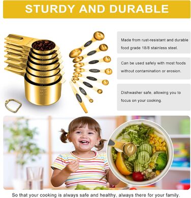 Gold-colored measuring cups and spoons, 15 pieces, 18/8 stainless steel, including 7 stackable metal measuring cups, 8 magnetic measuring spoons – ideal kitchen aids for cooking and baking
