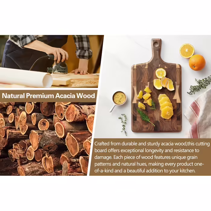 XINZUO Cutting Board made of Acacia Wood 41 * 22 * 1.9cm Rectangular Serving Board with Handle, Chopping Board Cheese Grill Board Reversible Wooden Board for Kitchen, Snack Board, Breakfast Board