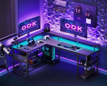 Ігровий стіл ODK з LED, кутовий, з розетками та USB, велика карбонова поверхня 168×120 см, чорний