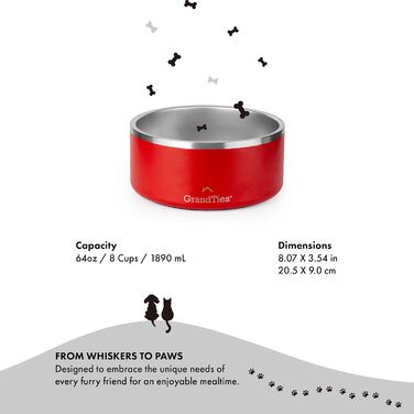 Нержавійна миска для собак та котів GrandTies з гравіюванням, велика (1890 мл, вишня)