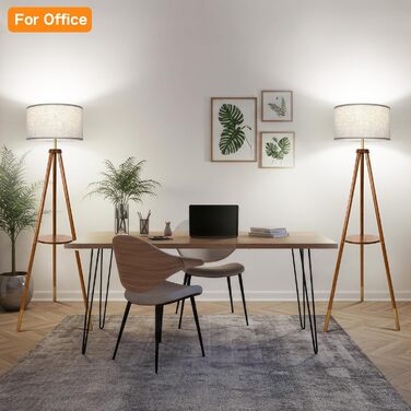 OUTON LED торшер з регулюванням яскравості, тринога, дерево з полицею, пульт дистанційного керування, 4 колірні температури, таймер на 1 годину, штатив, абажур кольору беж для вітальні, спальні, офісу (волоський горіх-золото)