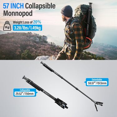 SIRUI SVM-145 Монопод з вуглецевого волокна з швидкою системою | 3-в-1 модульний монопод, 145 см, 10 кг вантажопідйомність | Швидке регулювання та заміна для DSLR та відео