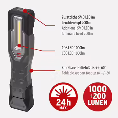 Brennenstuhl LED Rechargeable Hand Lamp HL 1000 A IP54 / LED Work Light for Outdoor Use with COB LED (1000+200lm, up to 24h battery life, LED workshop lamp with magnets and hook, USB-C charging interface)