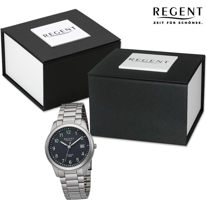 Чоловічий годинник REGENT з титановим браслетом та корпусом 36 мм, кварцовий, арабські цифри, дата, сріблястий колір