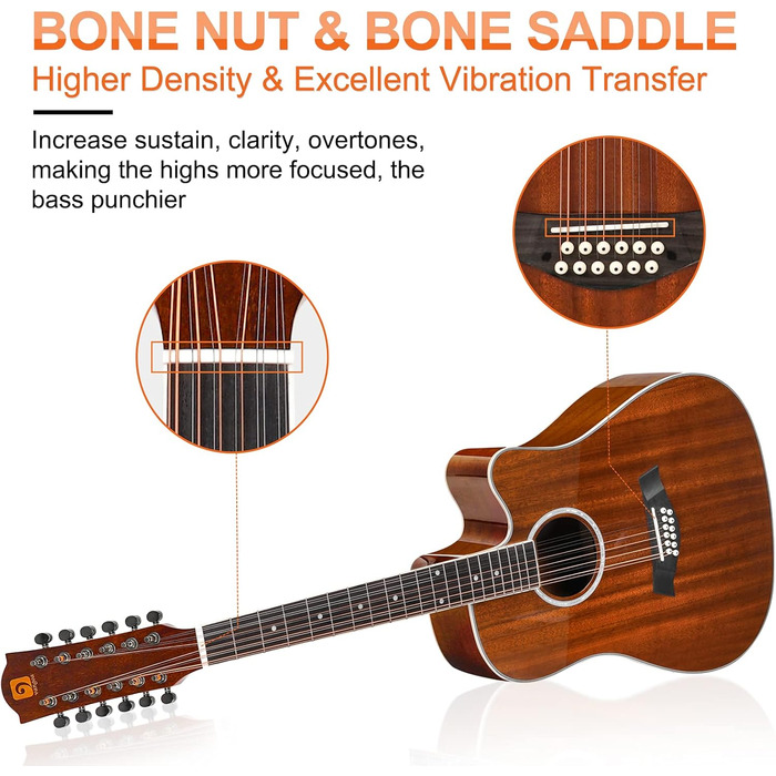 Електроакустична гітара Vangoa 12-струнна, 41 дюйм, коричнева, з підсилювачем та 4-х смуговим ЕQ