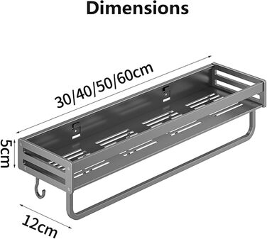 Настінна полиця для душу без свердління, сірий колір, 40x40 см. Організатор для ванної кімнати з великою місткістю та гачками