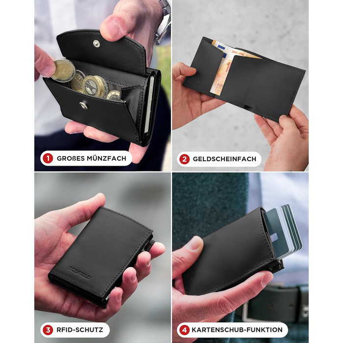 Чоловічий шкіряний гаманець SF SCOFIELD Duality Magflip Slim з монетницею та RFID-захистом, слот на 9-10 карт, Matte Black