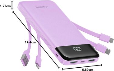 Charmast Power Bank 10000mAh з 4 кабелями (USB-C, Lightning, Micro USB) – портативний акумулятор для iPhone, Samsung, iPad, AirPods (Фіолетовий)