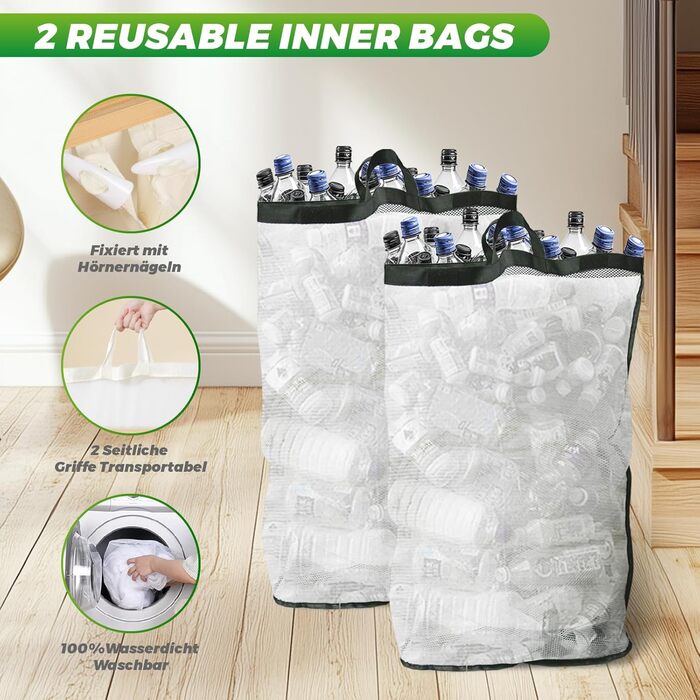Laundry basket with 2 compartments, deposit bottle collection container with lid, container for deposit bottles, glass recycling, and paper waste collection, deposit bottle container bamboo with bag, must-have (Beige/Cream, XXL)