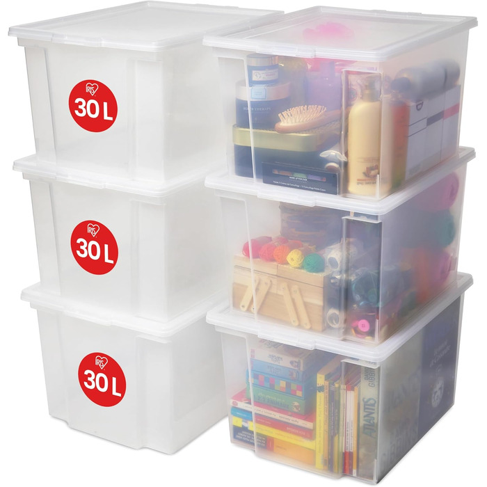 Iris Ohyama 30L Plastic Storage Boxes with Lid, 6 Large Stackable Boxes, BPA-Free, Laundry, Office, USB-M, Transparent - L42 x W35.5 x H26.5 cm
