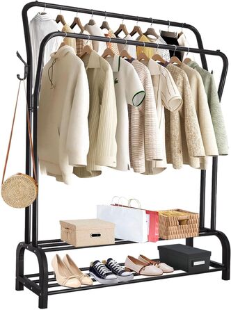 Стійка для одягу на підлозі з металу з полицею для взуття та нижньою полицею, чорна, подвійна