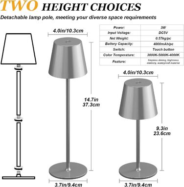 Набір з 2 бездротових настільних ламп LED з акумулятором, сенсорне регулювання яскравості, 3 режими кольору, USB-C зарядка для спальні, столу, кемпінгу (Чорний)