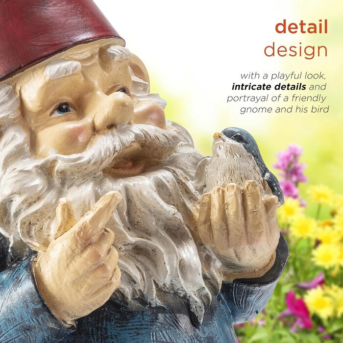 Alpine Corporation WAC406 Alpine Garden Gnome with Bird, Outdoor Decoration, 12 inches tall, red