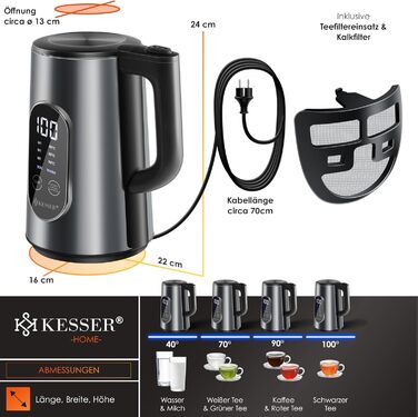 KESSER® Stainless Steel Kettle 1.7 Liter | LED Display | 4-Mode Temperature Setting 40°C-100°C | 30-Minute Keep Warm | Electric Tea Kettle 2200W BPA-Free | Scale Filter & Easy-Open Lid, Anthracite