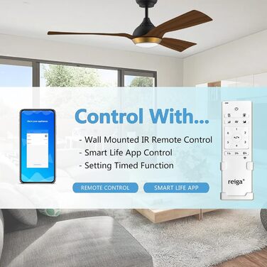 Стеляний вентилятор Reiga з LED-підсвічуванням та пультом керування, 132 см, білий, DC-двигун, тихий, 6 швидкостей, 3 колірні температури, для внутрішнього та зовнішнього використання (3 лопаті, чорний)