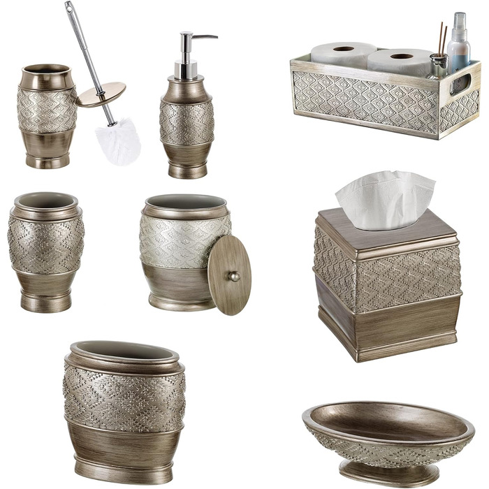 Набір аксесуарів для ванної кімнати Creative Scents – 6 предметів: дозатор для мила, мильниця, попільничка, тримач для зубних щіток, кришка для серветок (срібний)
