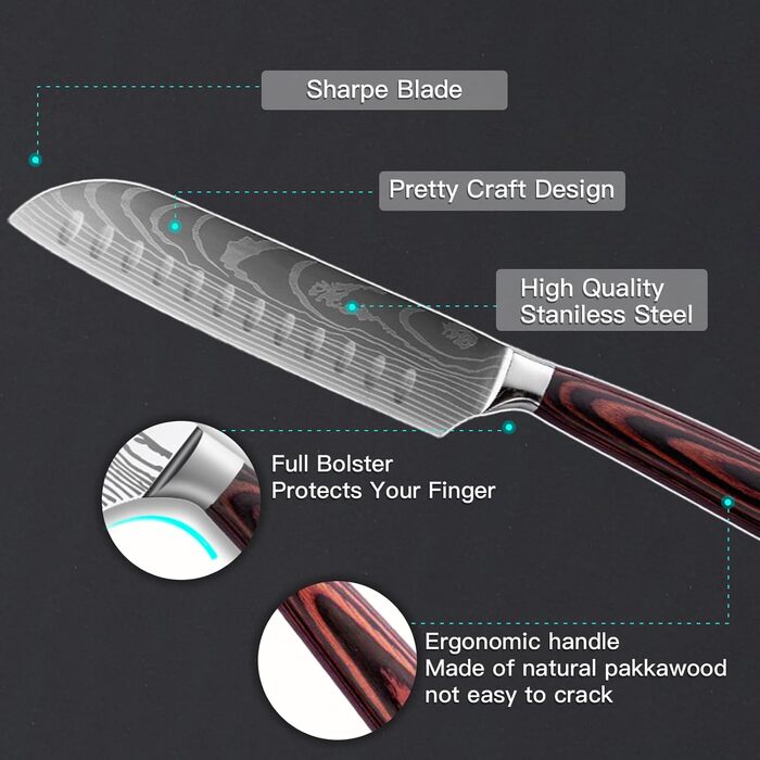 Набір кухонних ножів 5 шт. з нержавіючої сталі, преміум якість, ергономічні дерев'яні ручки, гострі ножі для професійних кухарів, універсальний ніж, подарункова коробка