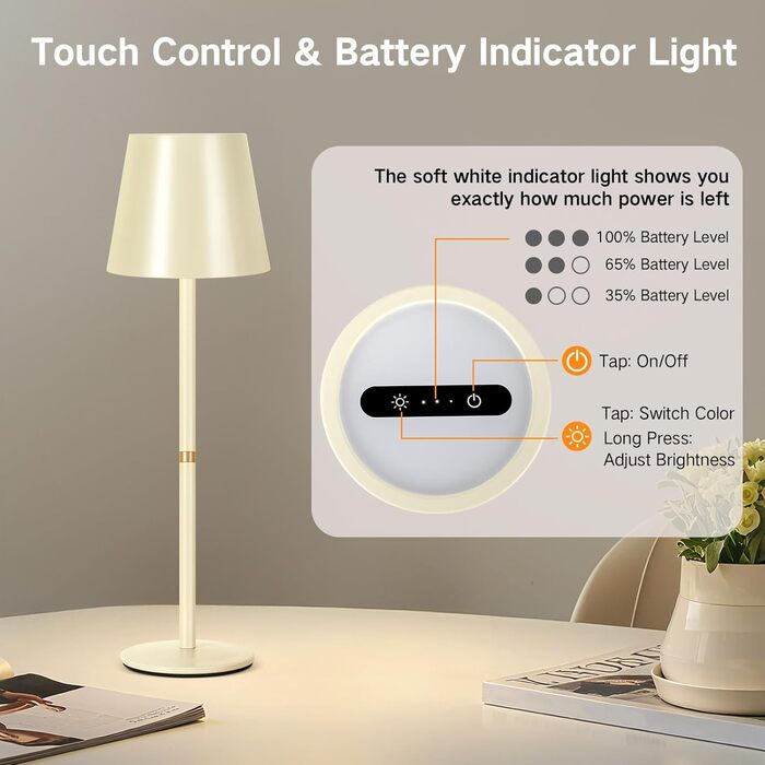 LED-лампа настільна бездротова OUTON, 2 шт. - сенсорне керування, 3 режими, USB-C зарядка, IP54, 30 годин, для дому/саду, чорний/бежевий