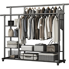 Легкий металевий вішак для одягу на колесах з полицями (білий/чорний)