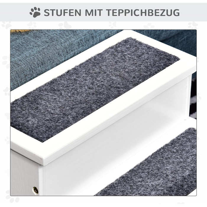 PawHut Pet Stairs 3 Steps Cat Stairs Pet Stairs Dog Stairs for Dogs and Cats Pet Stair Entry Aid with Carpet Storage for Sofa Bed Fir Wood 40.5 x 44.5 x 38 cm (White)
