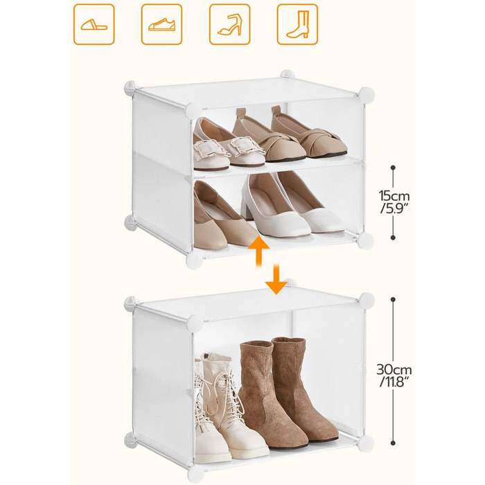 HOOBRO 8-Tier Shoe Rack, Shoe Cabinet, for 32 pairs of shoes, 40 x 30 x 30 cm per compartment, narrow, with doors, plastic, for living room, bedroom, hallway, entrance, White EWT28SC01G1 (16 compartments, 160 x 30 x 120 cm), White)