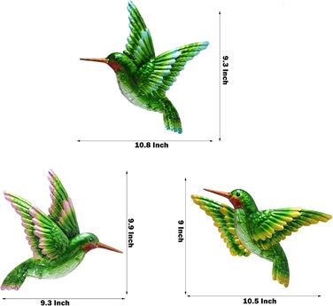 J-Fly Metal Glass Hummingbird Wall Decor 3D Hummingbird Design Hand-Painted Living Room Glass Wall Art Outdoor Patio Hanging Home Bedroom Garden Terrace Veranda or Fence Green 25.4 cm