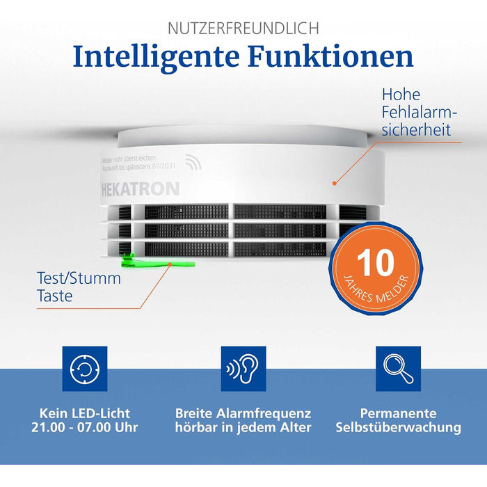 Hekatron Genius Plus – Smoke Detector 10 Years Battery – Stiftung Warentest Test Winner – made in Germany – incl. 2x adhesive pad – App-supported – Fire alarm – multilingual – 2 pieces