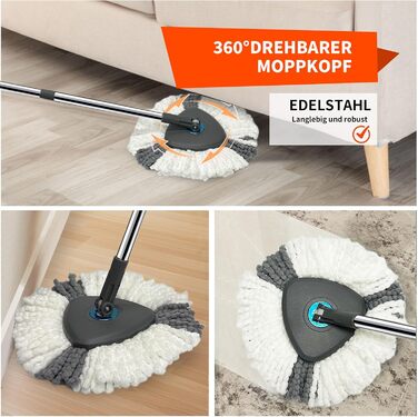 Набір для миття підлоги з відром, моп з функцією віджиму, відро з педальним механізмом та 2-камерним відсіком, повний набір з 3 мікрофібровими накладками для ламінату, паркету та плитки (світло-сірий)