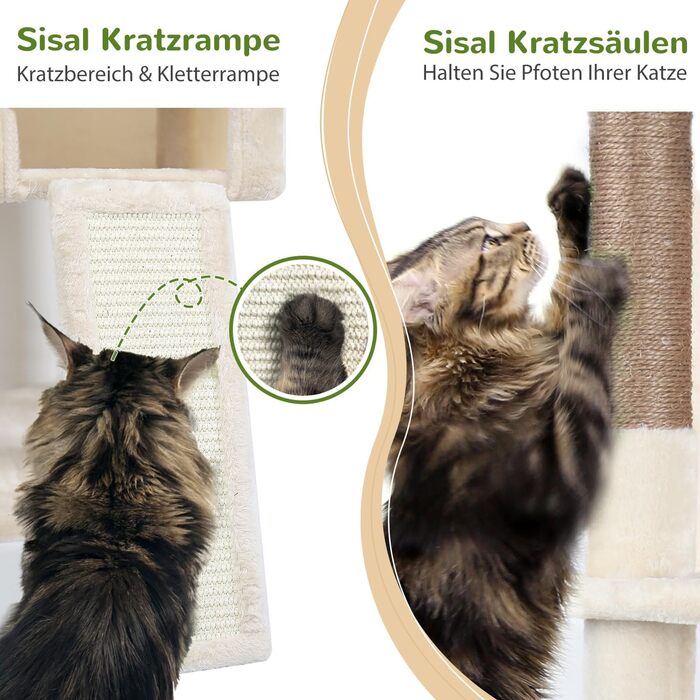 Драбина-кіготь Globlazer Kaktus (178 см) для котів: велика, з гамаком, будиночком та сходами з сизалю. Підходить для 2-4 великих котів. Колір: зелений (F70 Pro)