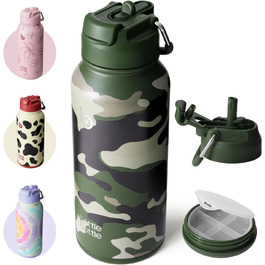 BOTTLE BOTTLE Stainless Steel Water Bottle 1L with Straw – Leak-Proof Insulated Bottle for Sports & Gym, with Pill Compartment, BPA-Free, Double-Walled (Jungle Camouflage)