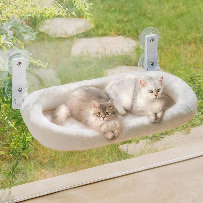 EWOOFUN Large Cat Hammock Hanging Bed for Window - Removable Thick Cover - Foldable, Stable, 4 Strong Suction Cups, Holds 18kg (White, ) (White, L)