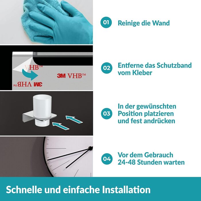 WEISSENSTEIN Toothbrush Holder without Drilling | Cup and Toothbrush Holder to Glue to the Wall | Stainless Steel Holder and White Glass | in Silver