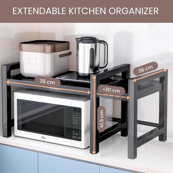 Регульована полиця для мікрохвильової печі та духовки. Організатор для кухні зі сталевими аксесуарами (35–60 см)