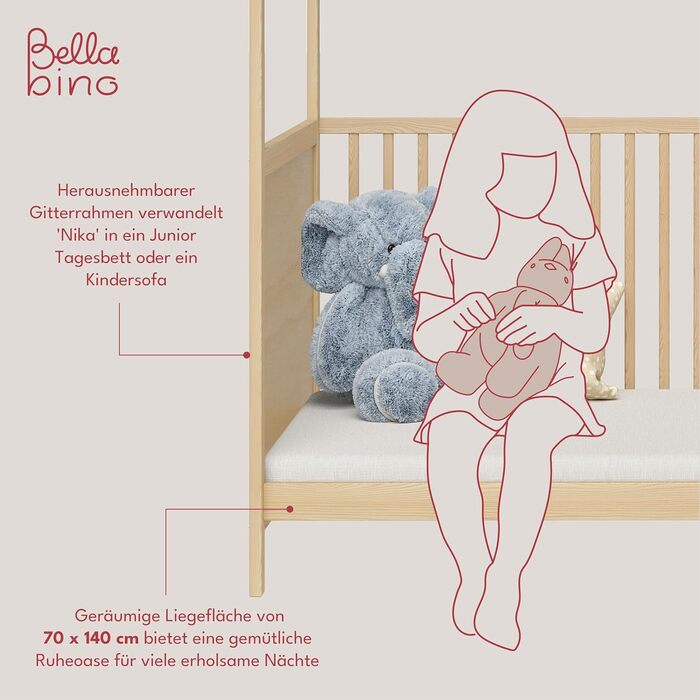 Bellabino Nika Babybett in House Design 70 x 140 cm, cot and house bed for children and babies made of solid pine wood in natural finish, 3-fold height adjustable including slatted base.