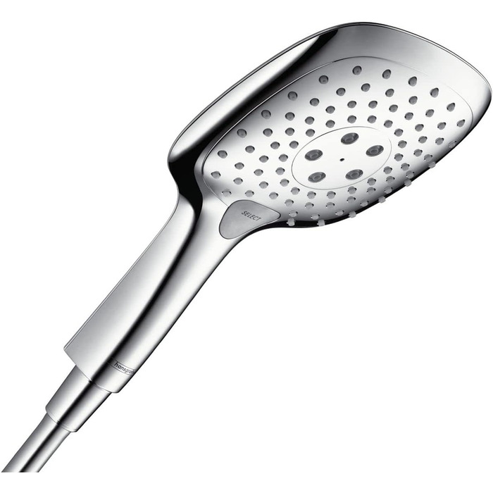 Hansgrohe Raindance Select E Showerhead, Hand Shower with 3 Spray Patterns, Square Showerhead (150 x 150 mm), Showerhead with Anti-Limescale Function, Chrome, 26550000