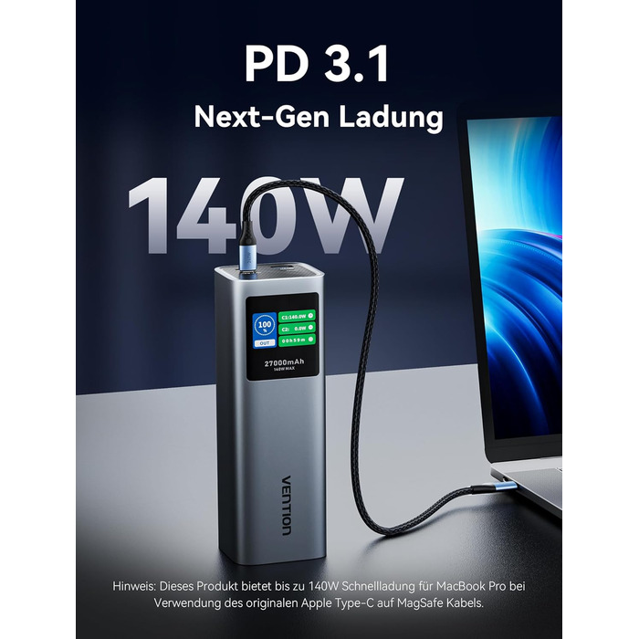 Power Bank VENTION 27000 mAh 140W з PD3.1: зарядка для ноутбуків, iPhone, iPad, Galaxy | FKE-EU