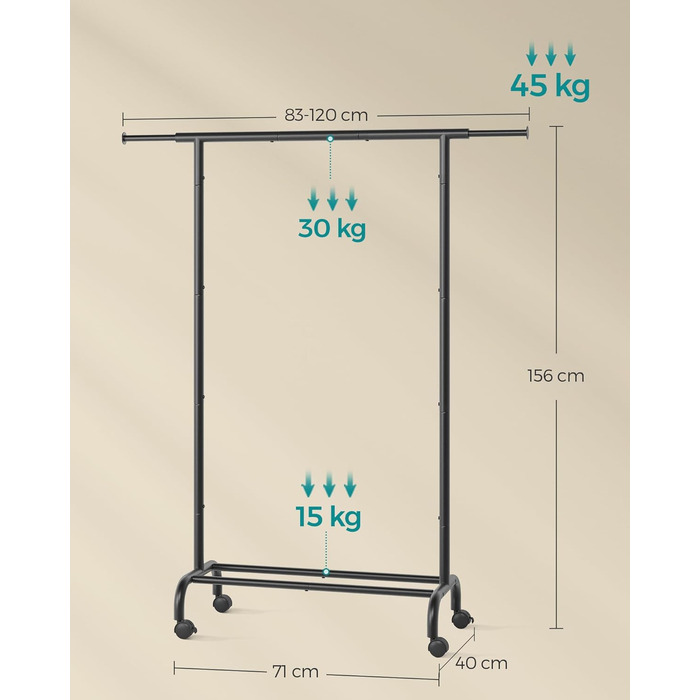 SONGMICS Clothes Rack with Wheels, Extendable Clothes Rod, Garment Rack made of Steel Pipes, Elevated Storage Rod, 40 x (83-120) x 156 cm, Cloud White HSR134W01 (Ink Black)