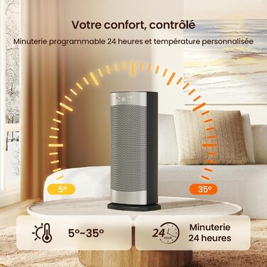 Електричний обігрівач з термостатом 1500W, 70°C, PTC кераміка, тихий, ECO-режим, таймер 24 год, захист від перегріву та перекидання, срібний, 41 см