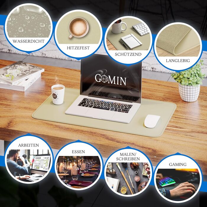 Килимок для столу GOMIN - PU шкіра, вологостійкий, антиковзний - 60x35 см | Mousepad XXL для офісу та дому