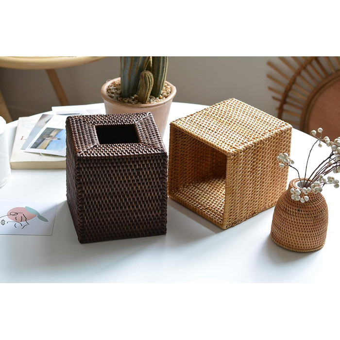 Rattan Cosmetic Tissue Box, Decorative Woven Tissue Holder, Napkin Dispenser for Bathroom/Kitchen/Office, 14.5 x 14.5 x 14.5 cm