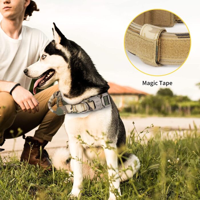 Тактичний нашийник для собак Huntvp, регульований, з ручкою, з нейлону, з підкладкою, металева застібка, для середніх собак, полювання, дресирування, відпочинок, Outdoor, камуфляж L