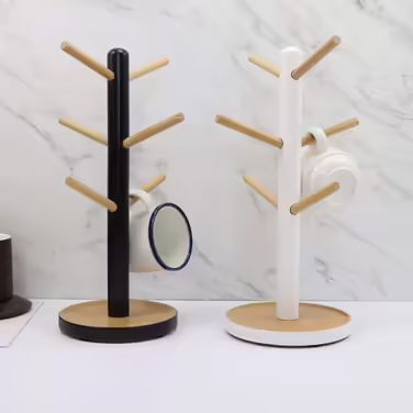 Removable Wooden Tree Cup Shelf, Coffee Cup Holder for Coffee, Tea, Mug, Display Stand, Coffee Bar Accessories with 6 Hooks (white)