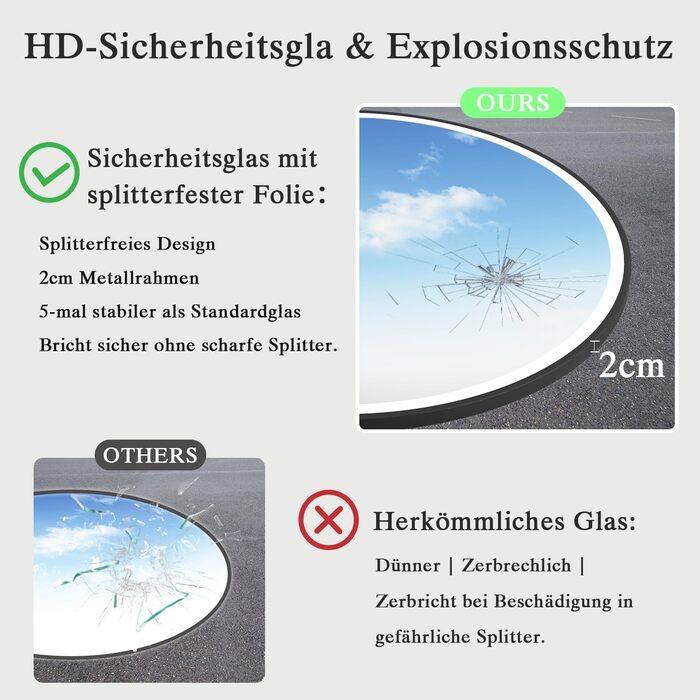 Дзеркало для ванної кімнати з підсвічуванням LED, антизапар, сенсорне керування, регулювання яскравості, 3 кольори світла, функція пам'яті, захист від вибуху, кругле дзеркало 50см (металевий каркас+bluetooth)