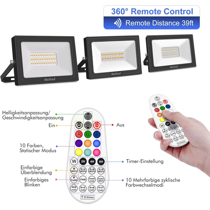 MEIHUA 60W RGB Spotlight with Remote Control, IP66 Waterproof, LED Floodlight, Color Changing, Dimmable, 10 Colors, 12 Modes with Timer, RGB Projector, Colorful for Garden, Disco, Tree, Landscape, Mood Lighting