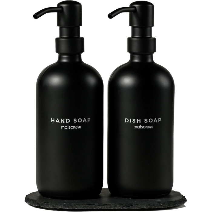 Набір дозаторів мила та лосьйону для ванної та кухні MaisoNovo (2 шт.) з підносом з шиферу, 500 мл, чорний