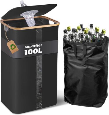 Laundry basket with 2 compartments, deposit bottle collection container with lid, container for deposit bottles & glass recycling & paper waste, deposit bottle container bamboo with bag, must-have (Black - visualization, 100L)