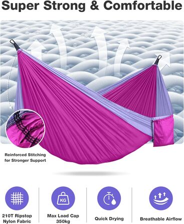 Гамак дорожній подвійний 295x140 см, рожево-ліловий, вантажопідйомність 350 кг - з карабінами та ременями для кріплення
