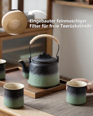 ZENS Design Japanese Teapot, 1000ml Gradient Embossed Japanese Teapot Ceramic with Built-in Strainer and Hemp Rope Handle for Loose Tea Steeper, Gift for Tea Lovers, Black & Bean Green (Black & Bean Green, 1000ml Teapot & 4 of 200ml Cups)